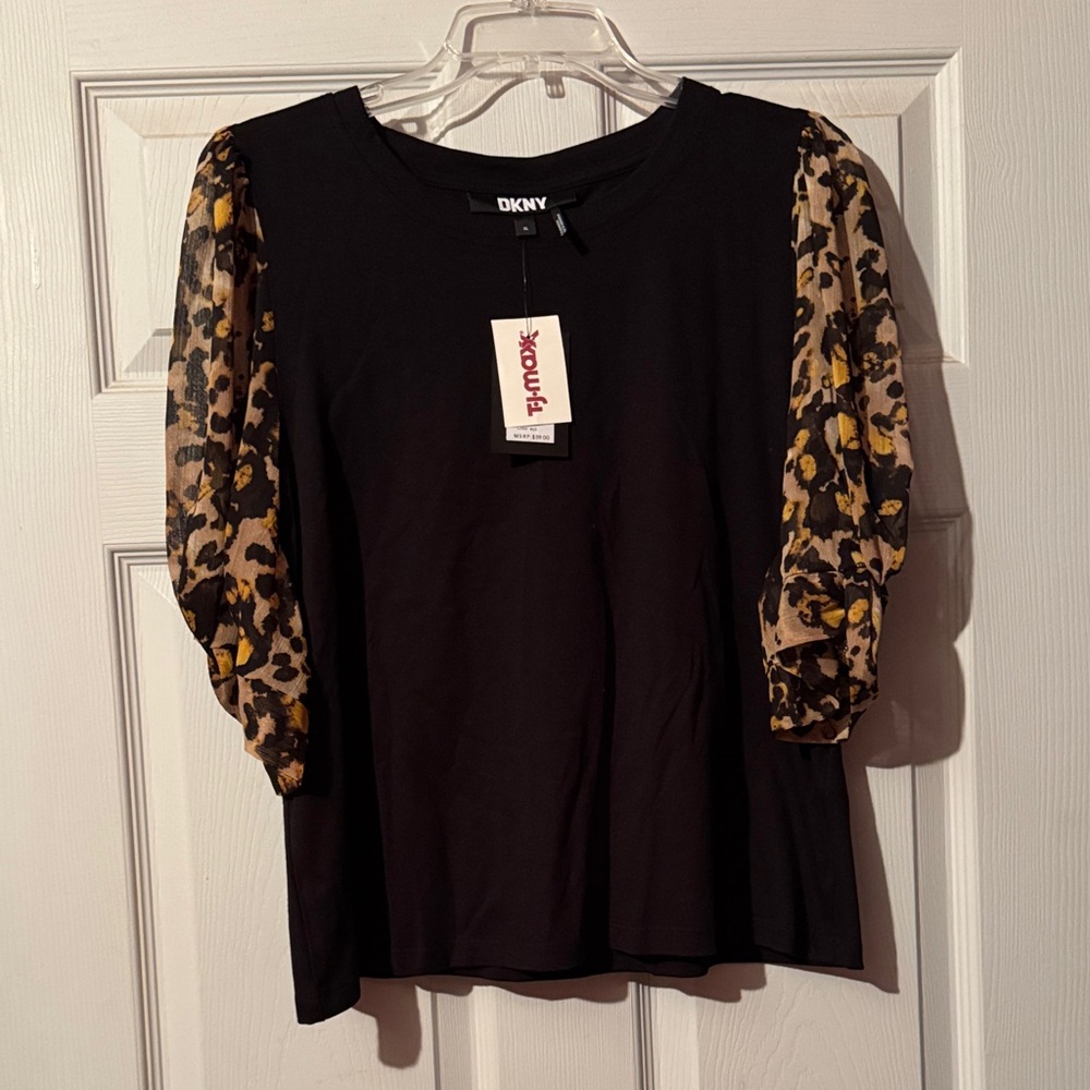 DKNY Black Blouse with Animal Print Sleeves